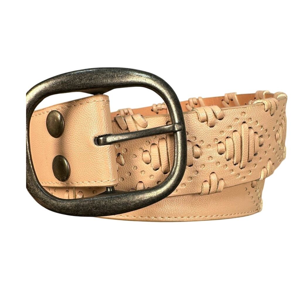 Faux Leather Woven Lacing Buckle Belt Beige 2X